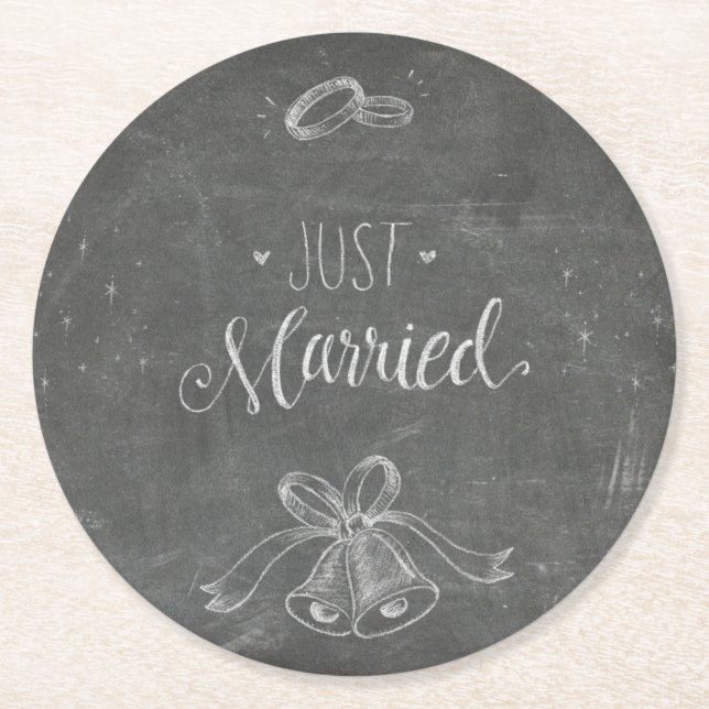 Just Married Chalkboard Wedding Rings and Bells Round Paper Coaster (Front)