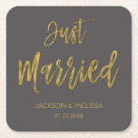 Just Married Charcoal Grey and Gold Foil Coasters<br><div class="desc">Just Married Charcoal Grey and Faux Gold Foil Coasters which are perfect for a Charcoal Grey and Gold Wedding Reception.The custom napkins allow the ability to update the bride and grooms name and wedding date.</div>
