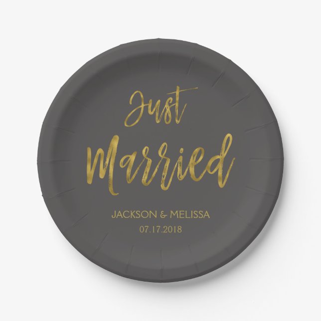 Just Married Charcoal Grey and Gold Foil Paper Plate (Front)