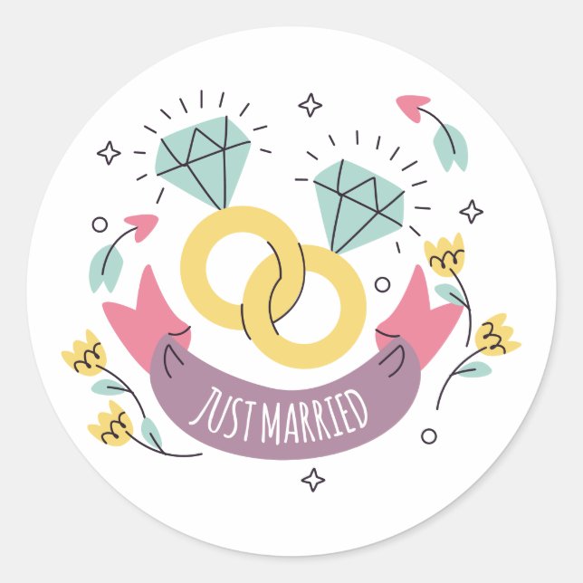 just married classic round sticker (Front)