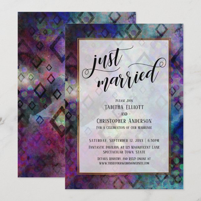 Just Married Colourful Bold Abstract with Gold Invitation (Front/Back)