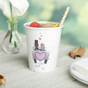 Just Married Couple Driving Off Paper Cups