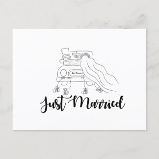 Just married couple in car outline hand drawn announcement postcard