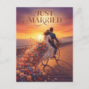 "Just Married" Couple Riding A Bicycle At Sunset  Holiday Postcard