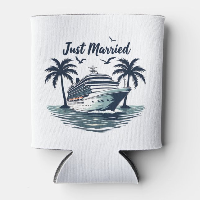 Just Married Cruising Summer Wedding Husband Wife Can Cooler (Front)