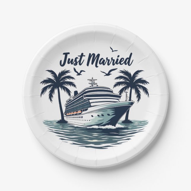 Just Married Cruising Summer Wedding Husband Wife Paper Plate (Front)