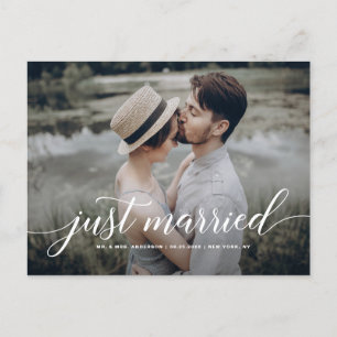 Just Married Cursive Script Overlay White Photo Announcement Postcard