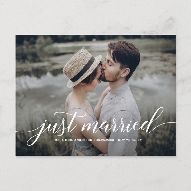 Just Married Cursive Script Overlay White Photo Announcement Postcard (Front)