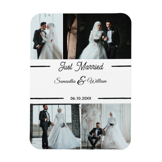 Just Married Custom 4 Photo Wedding Magnet (Vertical)