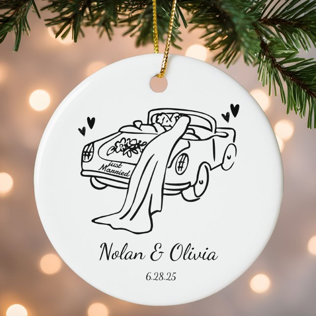 Just Married Custom Couple Names & Wedding Date Ceramic Tree Decoration (Creator Uploaded)