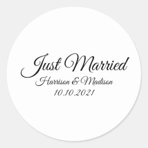 Just Married, custom names black white script Classic Round Sticker