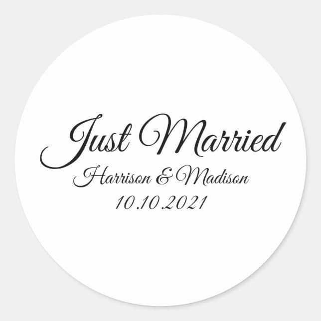 Just Married, custom names black white script Classic Round Sticker (Front)