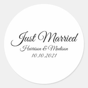 Just Married, custom names black white script Classic Round Sticker