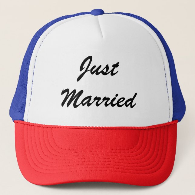 Just Married Custom Script Text Wedding Newlyweds Trucker Hat (Front)