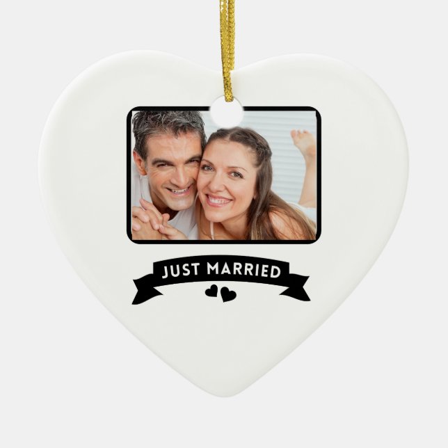 Just Married Custom Wedding Photo Ceramic Tree Decoration (Front)
