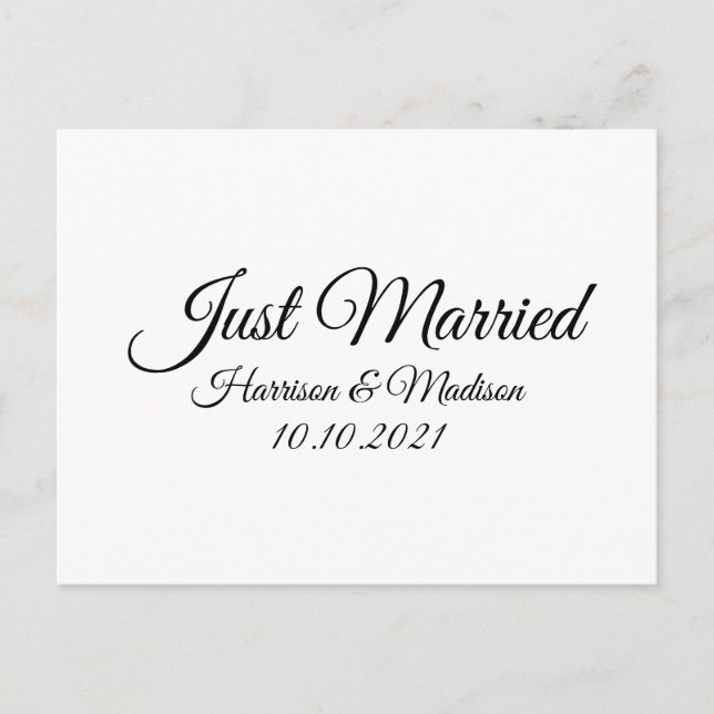 Just Married, customise text black white Postcard (Front)