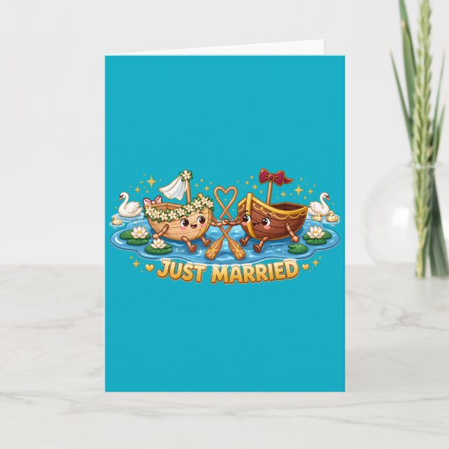 Just Married Cute Boats Wedding Card (Front)