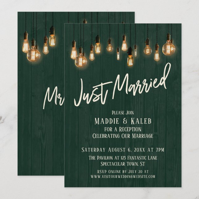 Just Married Dark Green Wood Edison Lights Invitation (Front/Back)