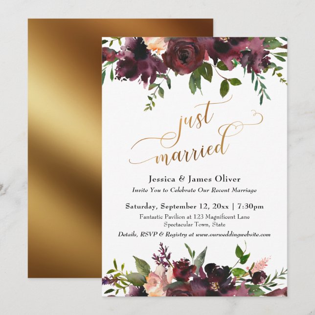 Just Married Deep Red Burgundy Floral Gold Script Invitation (Front/Back)