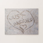 Just Married Destination Sand Writing Custom Jigsaw Puzzle<br><div class="desc">This puzzle features a photograph of the words "Just Married" written hastily in the sand - perfect for those who had beach, tropical, or destination weddings! Add the special couple's name, date of wedding, and location for a sweet customised puzzle gift! Or, add your own message and well wishes! You...</div>
