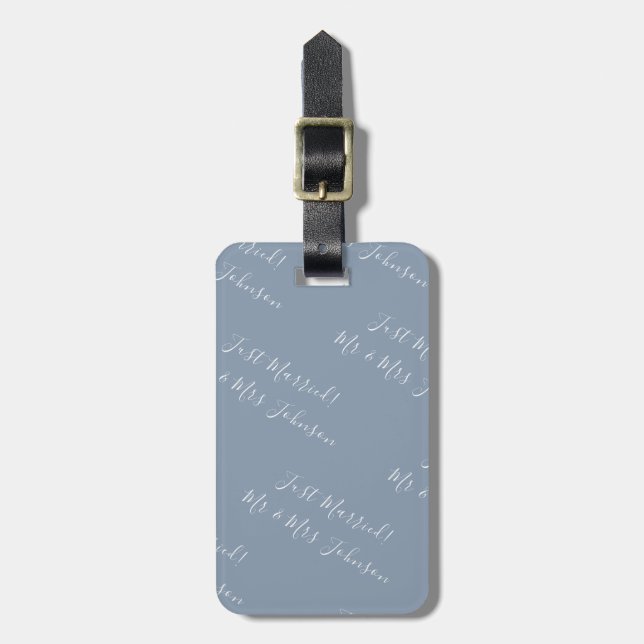 Just Married Dusty Blue Newlywed Honeymoon Luggage Tag (Front Vertical)