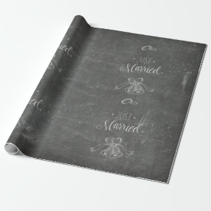 Just Married Dusty Chalkboard Wedding Bells Rings Wrapping Paper