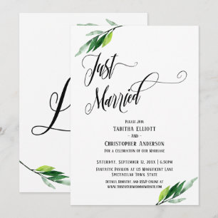Just Married Elaborate Script and Greenery Invitation