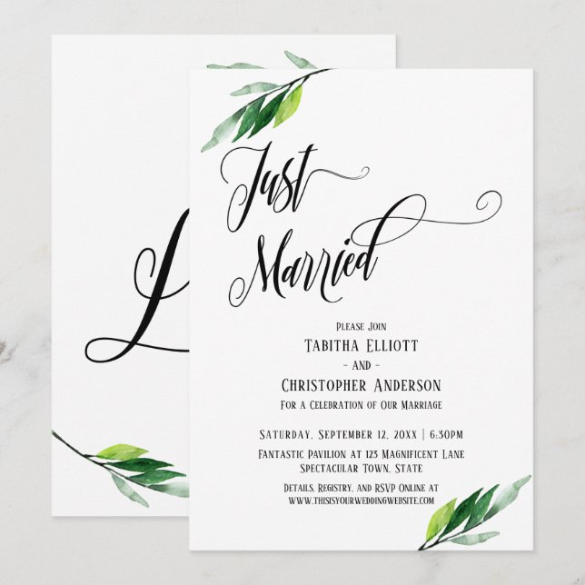 Just Married Elaborate Script and Greenery Invitation (Front/Back)