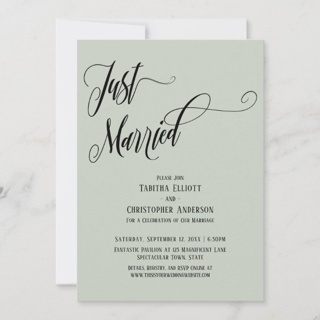 Just Married Elaborate Script, Light Sage Green Invitation (Front)