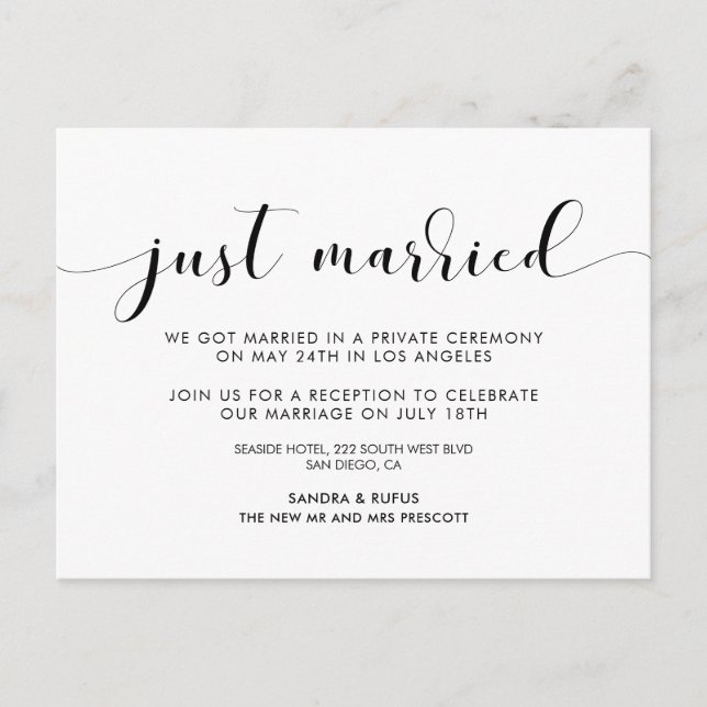 Just married Elegant black and white announcement Postcard (Front)