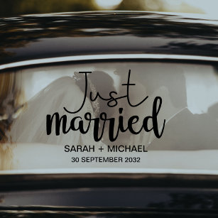 Just married elegant black script wedding car window cling