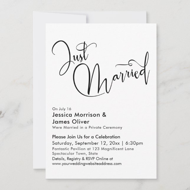 Just Married Elegant Calligraphy in Black & White Invitation (Front)