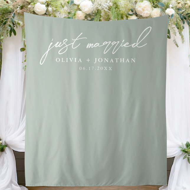Just Married Elegant Calligraphy Wedding Backdrop Tapestry (Creator Uploaded)