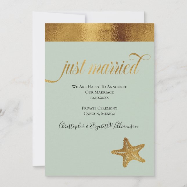 Just Married Elegant Faux Gold Starfish Mint Green Announcement (Front)
