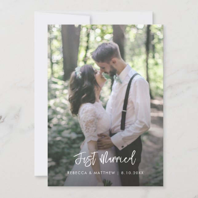 Just Married Elegant Floral Script Wedding Photo Announcement (Front)