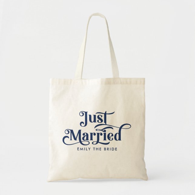 Just Married Elegant Navy Blue Typography Tote Bag (Front)