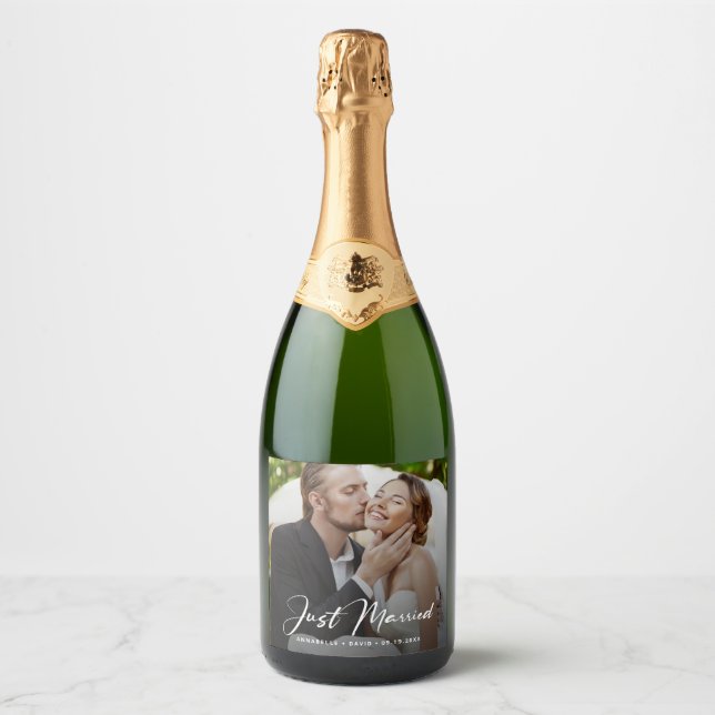 Just Married Elegant Photo Wedding Sparkling Wine Label (Front)