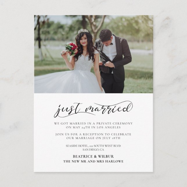 Just married Elegant romantic wedding announcement Postcard (Front)