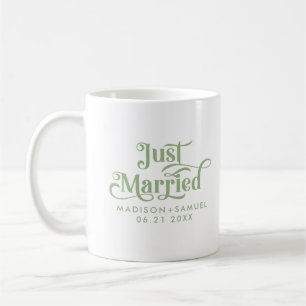 Just Married Elegant Sage Green Typography Coffee Mug