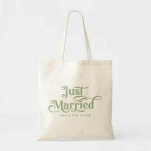 Just Married Elegant Sage Green Typography Tote Bag