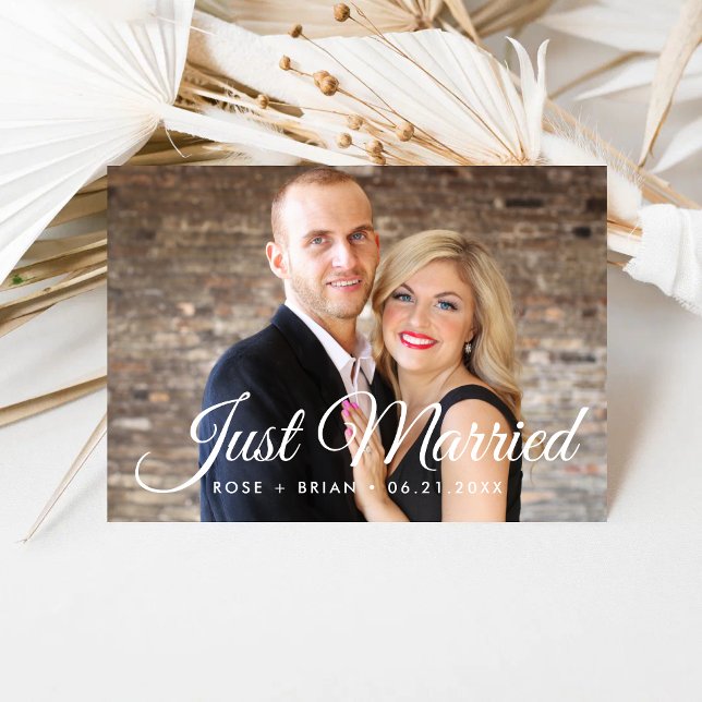 Just Married Elegant Script Wedding Custom Photo Announcement (Creator Uploaded)