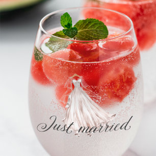 Just Married Elegant Watercolor Wedding Dress Stemless Wine Glass