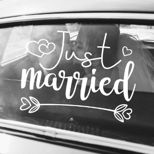 Just married elegant white script wedding window cling