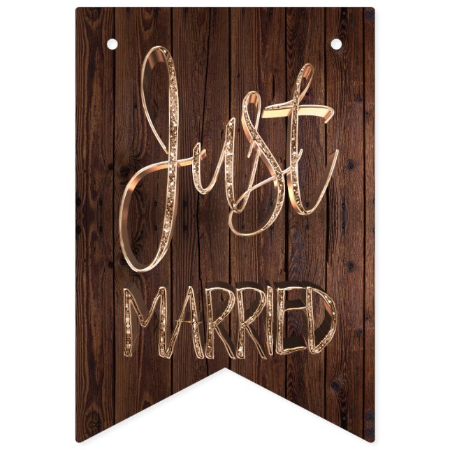 Just Married Elegant Wood Gold Typography Wedding Bunting (First Flag)