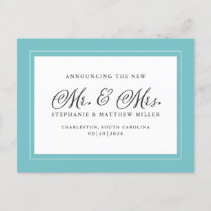 Just Married Elopement Aqua Green White Elegant Invitation Postcard