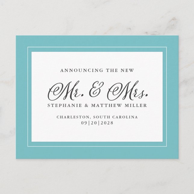 Just Married Elopement Aqua Green White Elegant Invitation Postcard (Front)