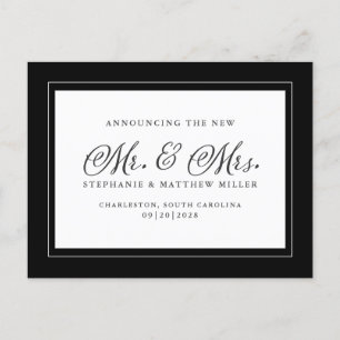 Just Married Elopement Black White Chic Elegant Invitation Postcard