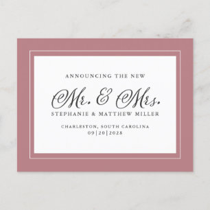 Just Married Elopement Dusty Rose Pink Elegant Invitation Postcard