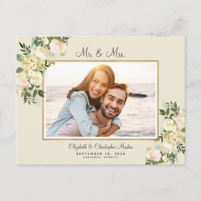 Just Married Elopement Photo Floral Elegant Roses Invitation Postcard (Front)