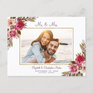 Just Married Elopement Photo Purple Floral Elegant Invitation Postcard